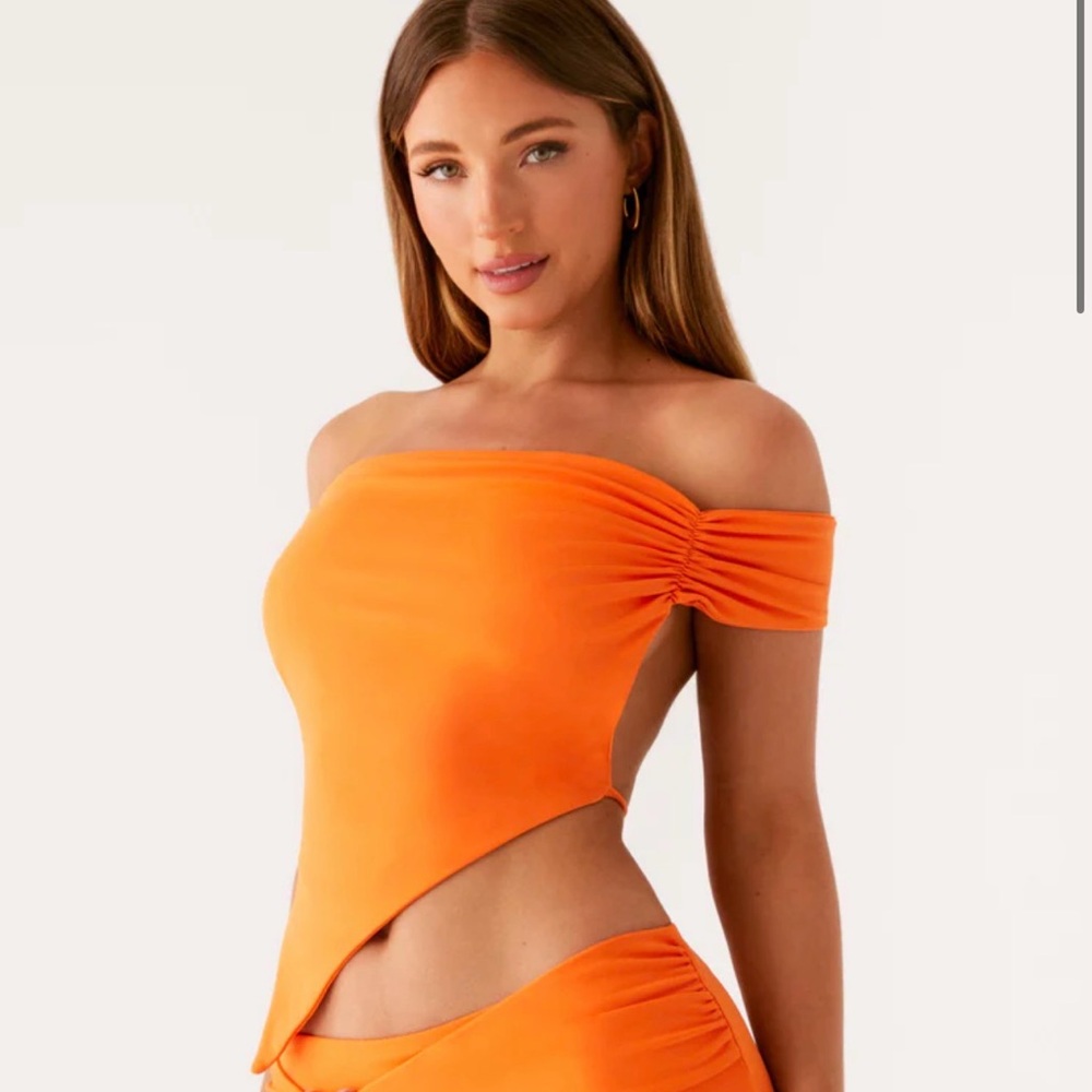 Peppermayo Orange Off-Shoulder Asymmetrical Crop Top